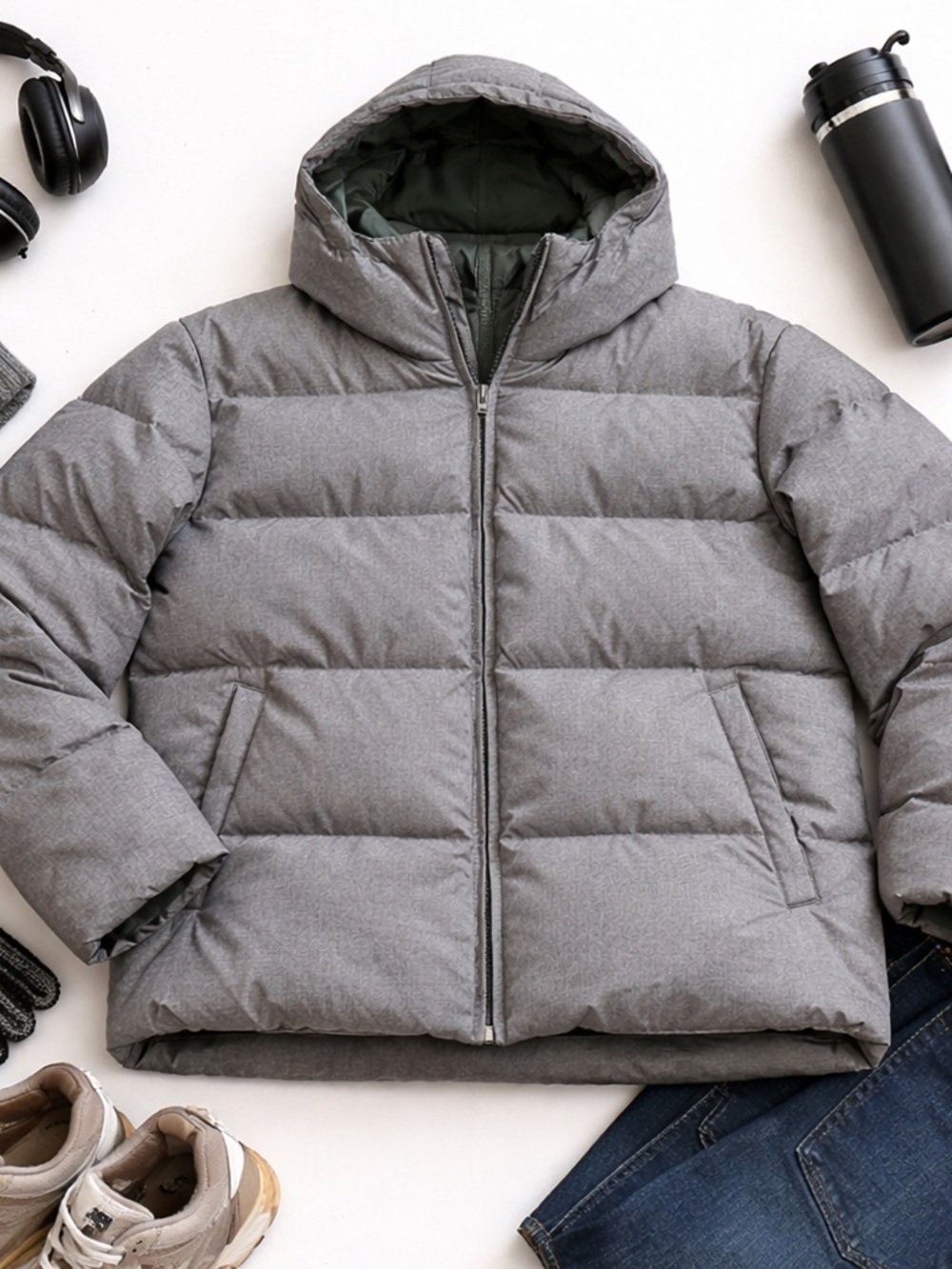 John Lewis Gray Hooded Puffer Jacket Quilted Winter Coat Men XXL Minimalist Zip